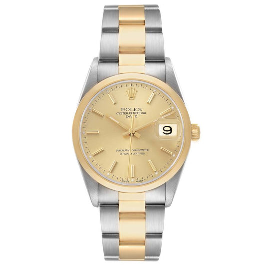 Rolex Date Steel Yellow Gold Champagne Dial Mens Watch